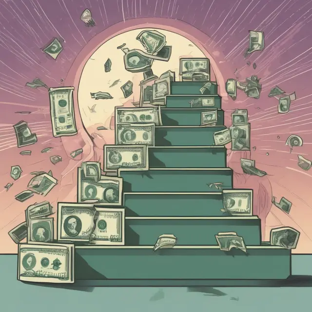 A rising US Dollar climbing a staircase of six other currencies, signifying a strengthening dollar in global markets