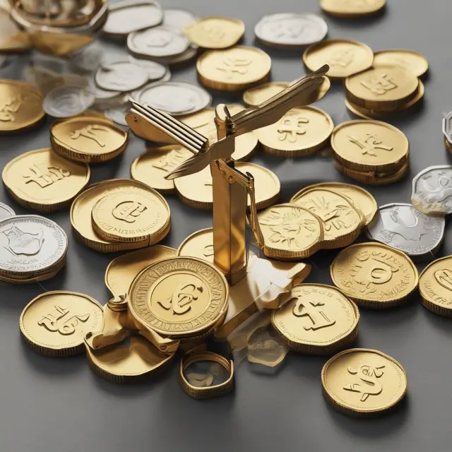 A scale with a gold coin on one side representing the U.S. dollar and various international currencies on the other, signifying the balance in the US Dollar Index