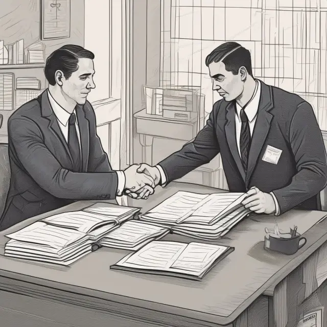 Seller and buyer shaking hands over a Use and Occupancy Agreement, surrounded by permit files. Inspector conducting a property inspection in the background.