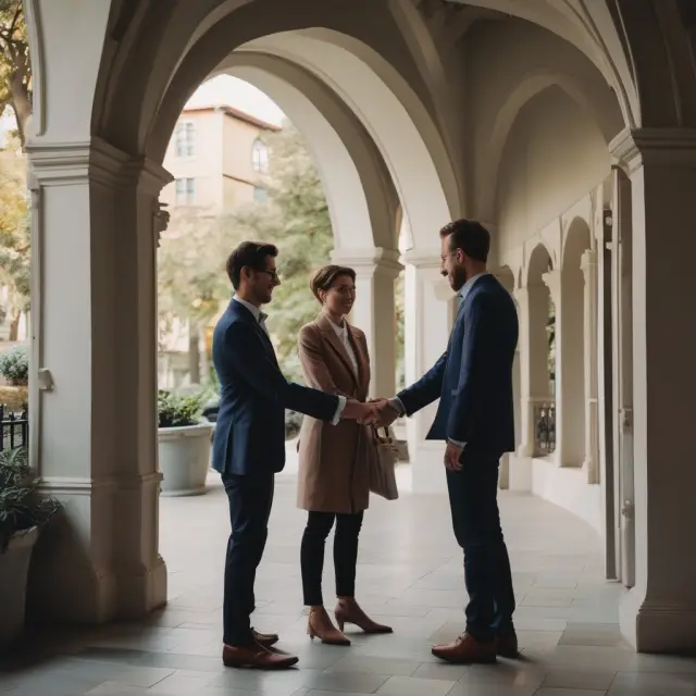 Buyer and seller shaking hands beneath a historical clock archway, representing effective U&O agreement negotiations