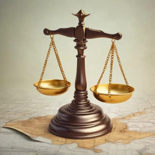 A set of golden scales tilts gently towards an open world map, emphasizing use taxes for interstate purchases