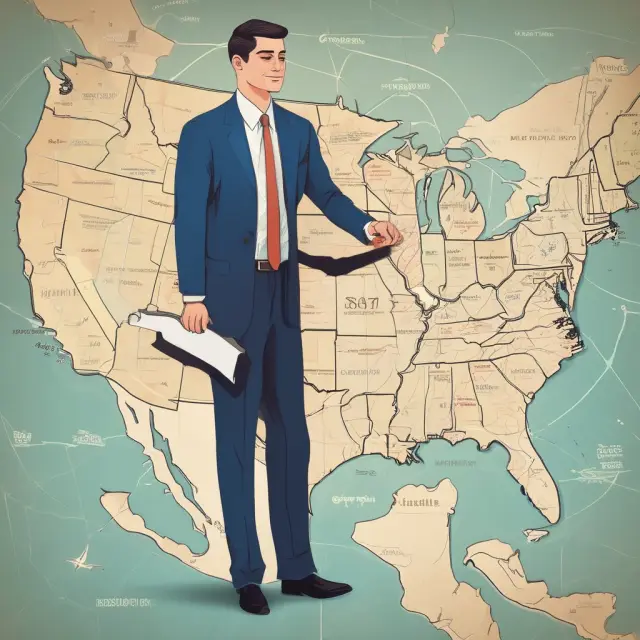 An image of a tax man marking sales tax nexus on a US map and balancing use taxes