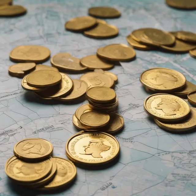 A cascade of golden coins falling onto a detailed map with labeled states, representing the concept of self-assessed use taxes.