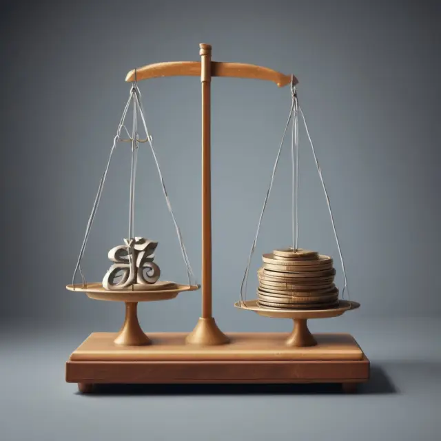 A balance beam representing investment opportunities in companies collecting user fees. One end shows ethical considerations and the other growth potential, with a figure poised to tip the scale.