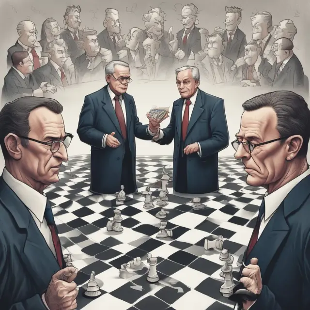 Politicians strategically arranging tax and user fee pieces on a chessboard, symbolizing political considerations in revenue collection