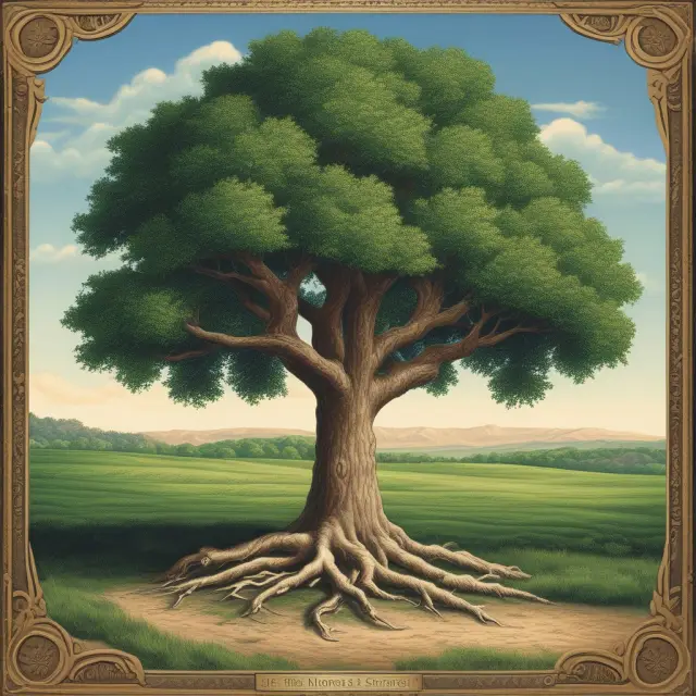 A majestic tree symbolizing the stability of US savings bonds, with its roots representing their non-marketability and foundational value.
