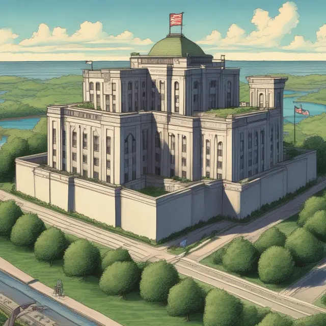 A massive fortress constructed from U.S. Savings Bonds symbolizes financial security and stability for institutions