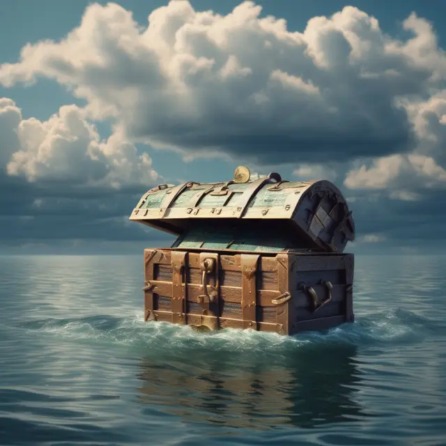 A floating treasure chest with a shield on top surrounded by economic waves, representing the stability of institutional savings bonds in volatile markets