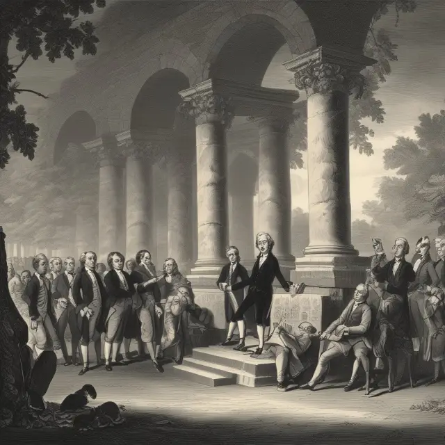 Portrait of Alexander Hamilton founding the U.S. Treasury, surrounded by gold coins and treasury securities.