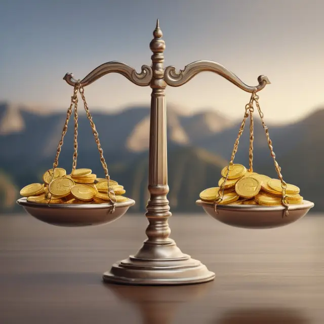 A balance scale illustrating stable UST securities (one side) against potential returns from gold investments (other side), demonstrating the risk-reward tradeoff in investing
