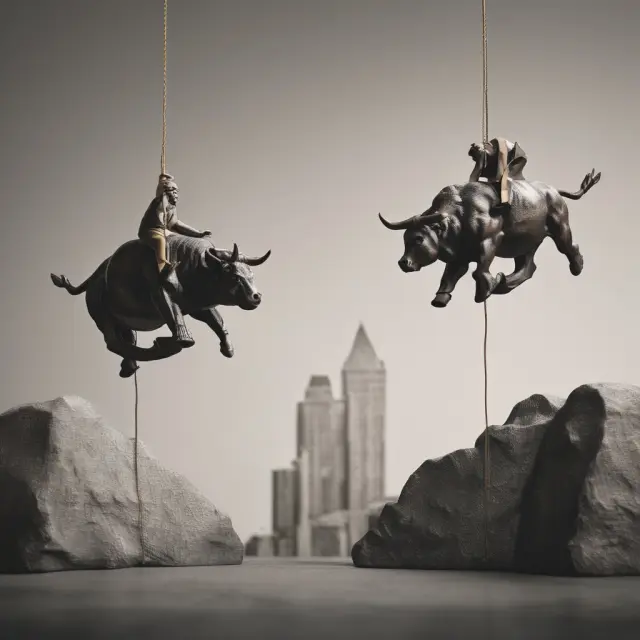 A bull and bear on a seesaw representing low-risk UST securities as a financial benchmark
