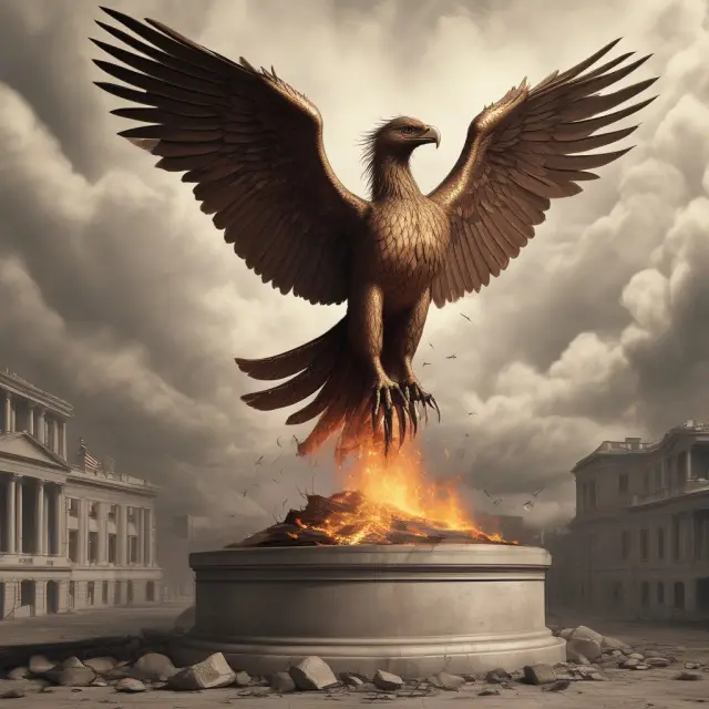 A phoenix rising from financial chaos, illustrating the U.S. Treasury