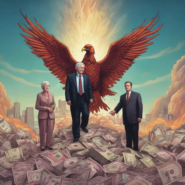 Janet Yellen, first woman and second-time U.S. Treasury Secretary, depicted as a phoenix rising from data with her deputy Wally Adeyemo