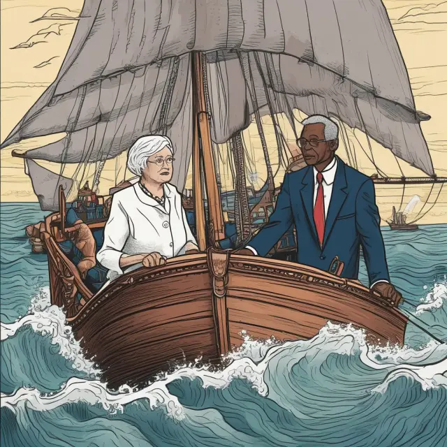 Janet Yellen and Wally Adeyemo steering a ship symbolizing the US Treasury through choppy waters, representing economic challenges