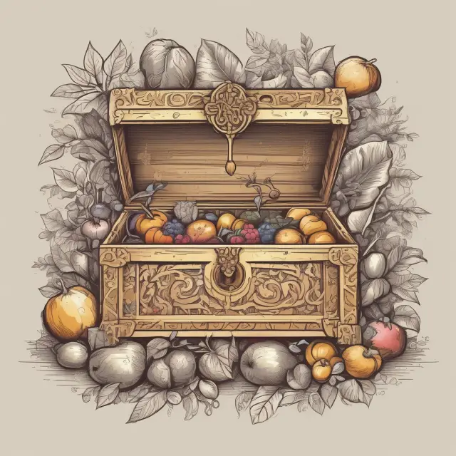 Golden key unlocking a chest brimming with ripe fruits and crops—Usufruct