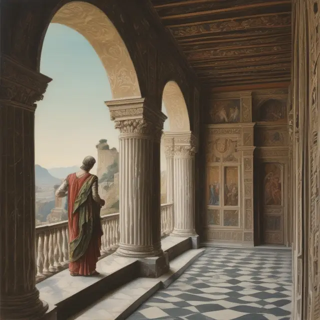 An intricate scene of a usufructuary on an ancient balcony, enjoying the use and benefits of the property while respecting its boundaries