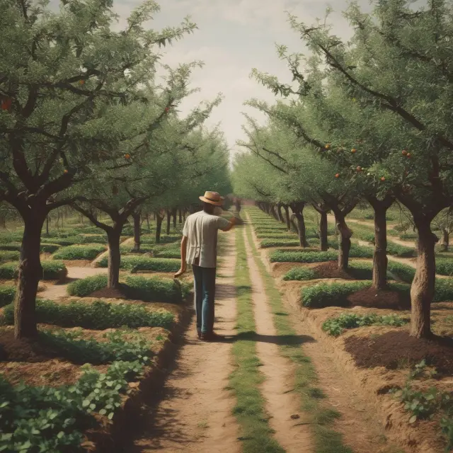 A metaphorical scene showing perfect usufruct as an ornate garden tended to by the usufructuary and imperfect usufruct as a barren land transformed into a thriving orchard.