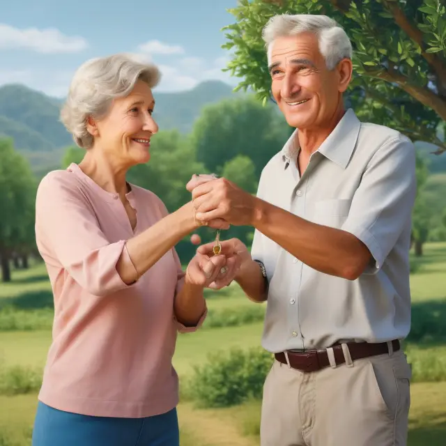 An elderly woman hands a key and olive branch to a younger man, illustrating usufruct