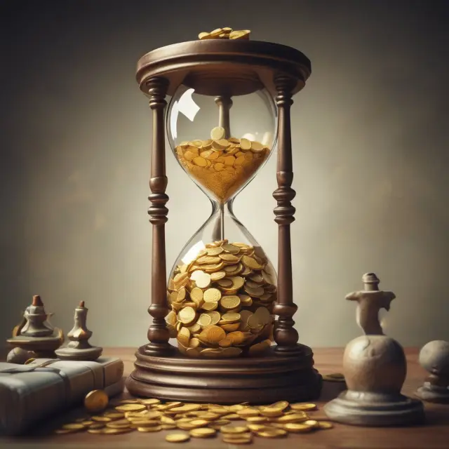 A large hourglass overflowing with golden coins symbolizes the heavy burden and financial strain that usury rates inflict on vulnerable borrowers.