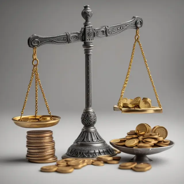 A balance with coins representing usury rates and scales of justice symbolizing fairness in lending practices