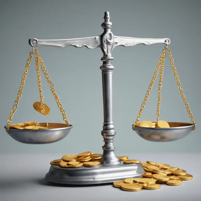 Golden scale weighing impact of usury laws on economic growth; gold for potential growth restrictions, silver for potential financial opportunities