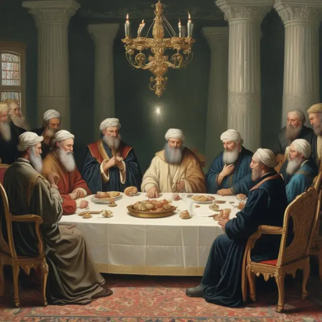 Three religious figures discuss moral implications of usury in a roundtable setting