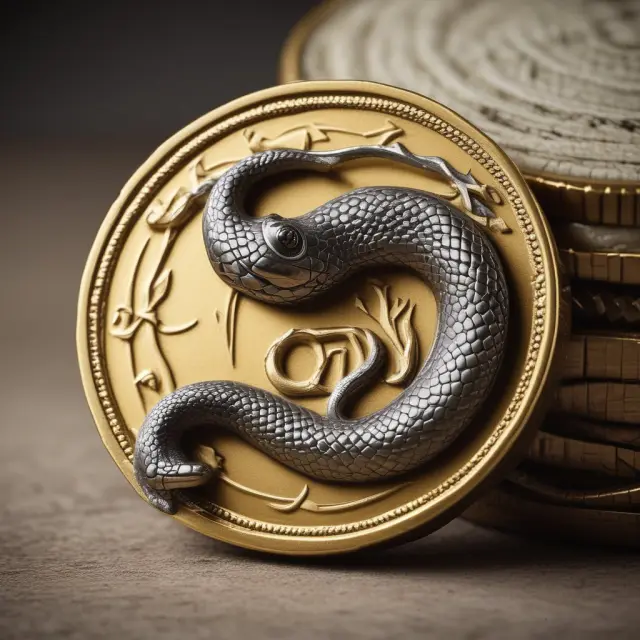 Golden coin representing usury with a snake illustrating moral conflict