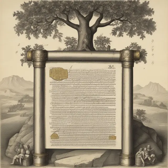 Image of an ancient scroll and a gold-silver tree representing the history of usury in FAQ context