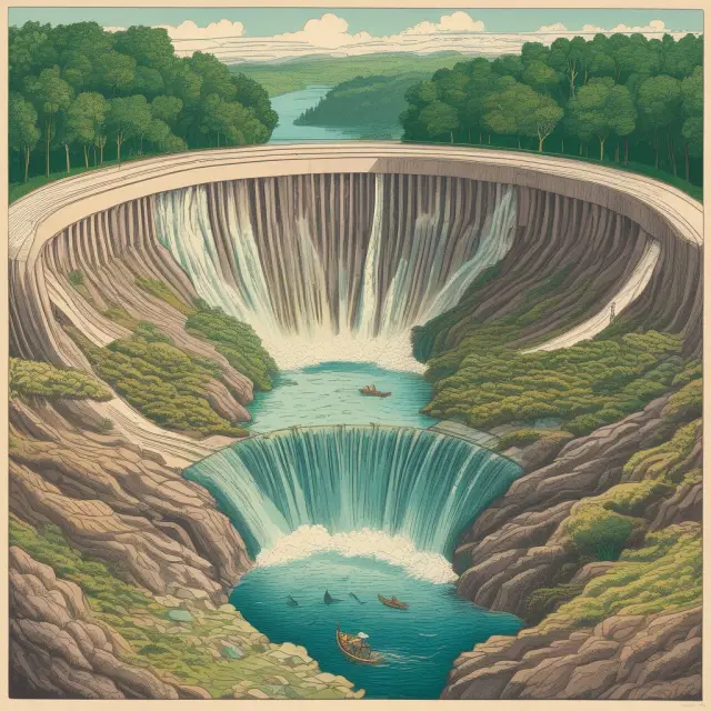 An elegant dam diverting happiness like water to the masses, illustrating Utilitarianism