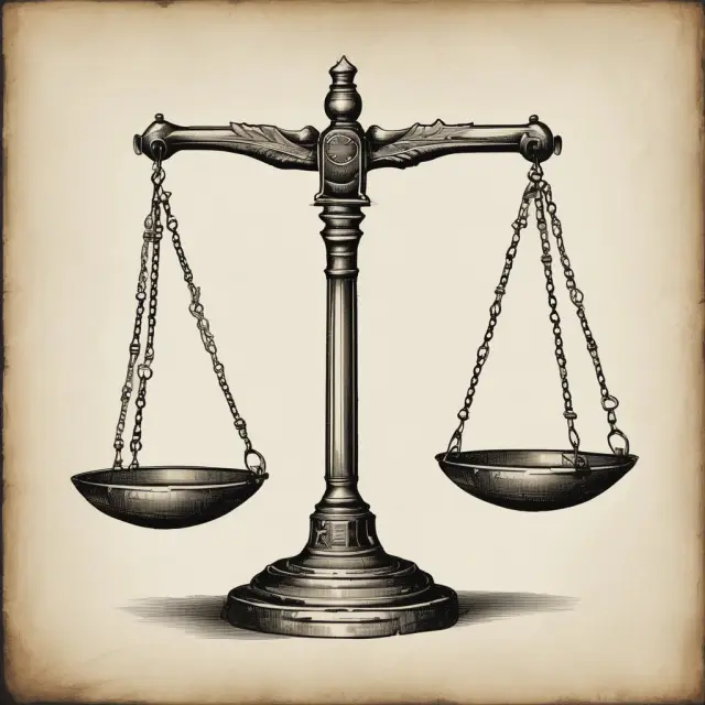 A set of scales balanced on a table, with one pan holding the symbol of utilitarianism and the other holding a scale of justice, representing their interplay in modern society.