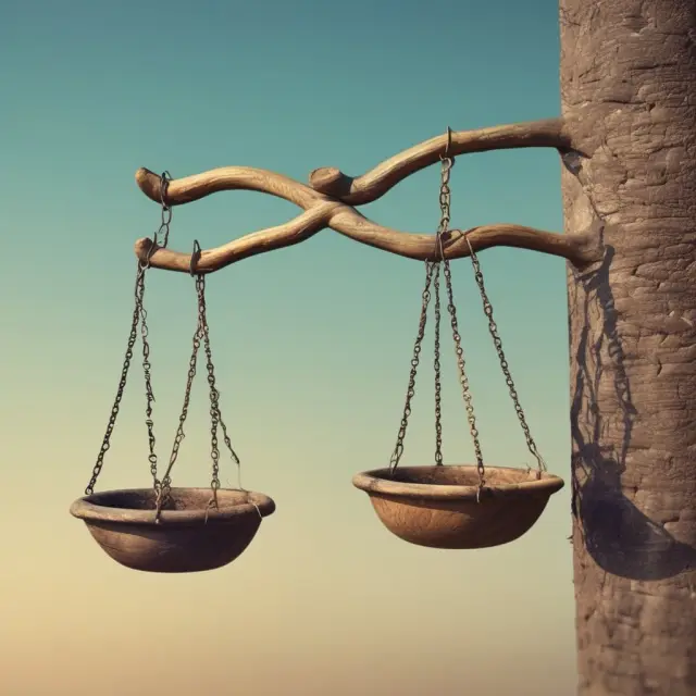 Scales of justice filled with happy faces representing stakeholders, balanced for overall happiness in business utilitarian ethics