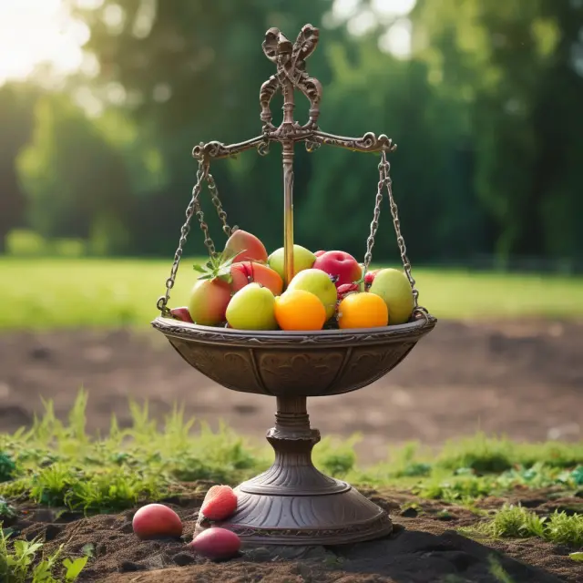 A balance scale holding a basket of fruits representing hedonism and a community garden symbolizing utilitarianism, illustrating their contrasting approaches to individual vs. collective happiness.