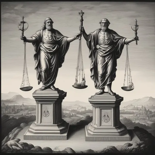 A balance held by two figures, symbolizing Utilitarianism and Virtue Ethics, emphasizing their role in ethical decision making