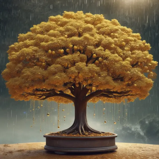 Golden tree symbolizing utility patent, with fruit as patents and periodic rain representing fees