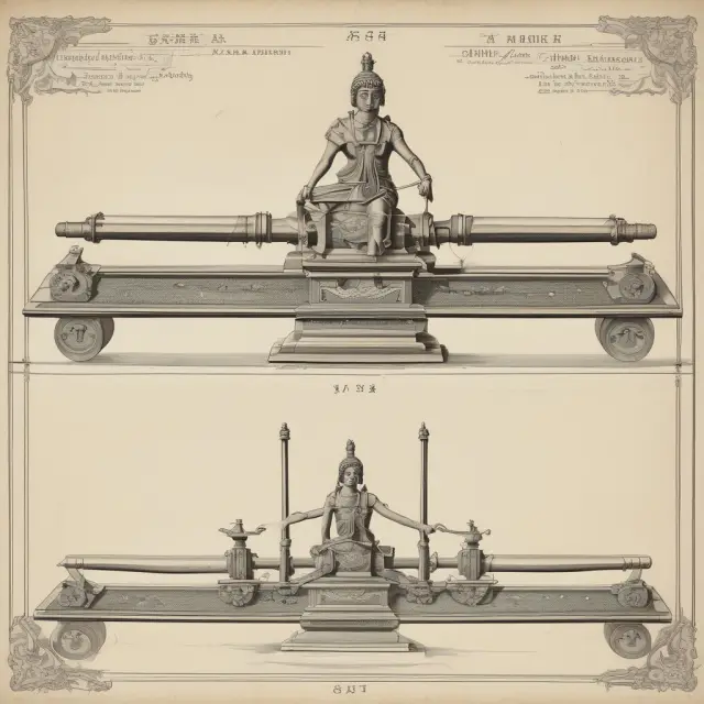 Utility patent represented by an elaborate machine, design patent as a decorative doll on a see-saw