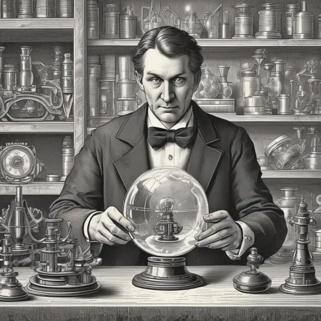 An inventor holding a crystal ball displaying intricately designed machinery and gears representing utility patents
