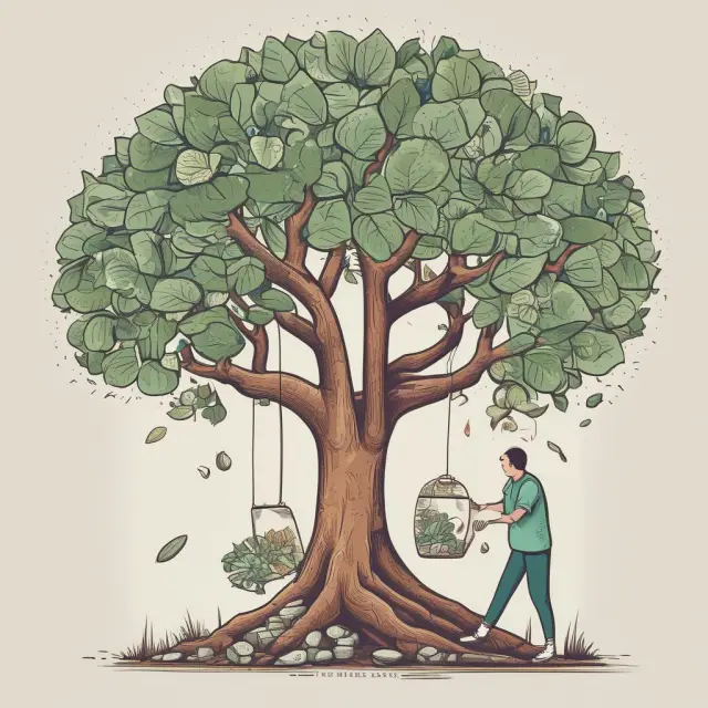 A custodian tenderly holding a UTMA account as assets bloom into a flourishing tree, representing long-term investment growth for the child