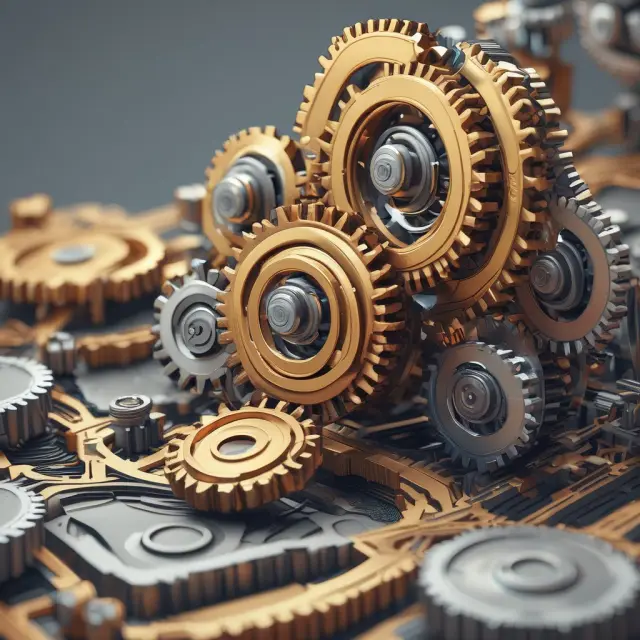 Interconnected gears representing UTXOs facilitating transactions and maintaining the decentralized cryptocurrency database