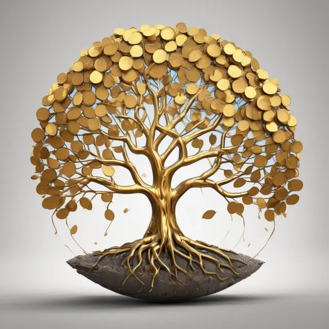 Golden UTXOs forming tree roots illustrating transparency and ownership in cryptocurrencies