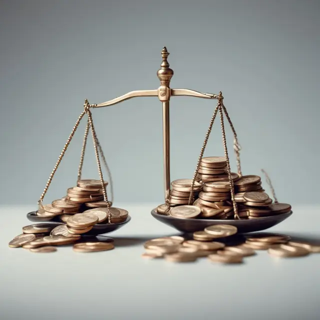A scale with a pile of upside-down coins representing UTXOs and a heavy weight on the other side symbolizing high transaction fees