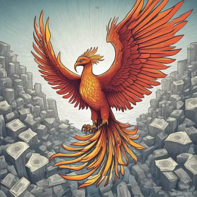 Image of a mythical Phoenix rising from flames formed by economic charts and data, representing a quick and robust economic bounce back