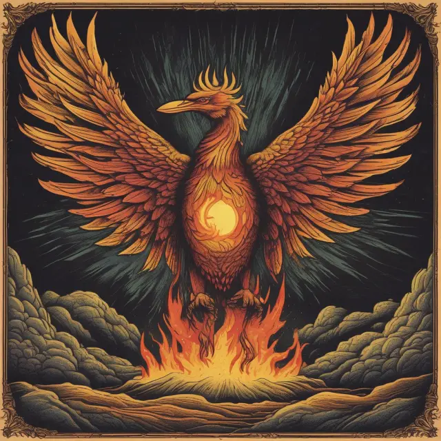 Phoenix rising from economic downturn ashes, depicting quick and robust asset price bounce back in V-shaped recovery scenario