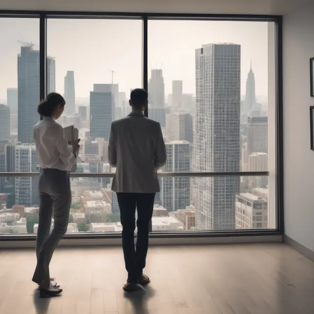 A real estate professional studying vacancy rate trends by comparing charts representing occupied and vacant properties, with cities and graphs in the background