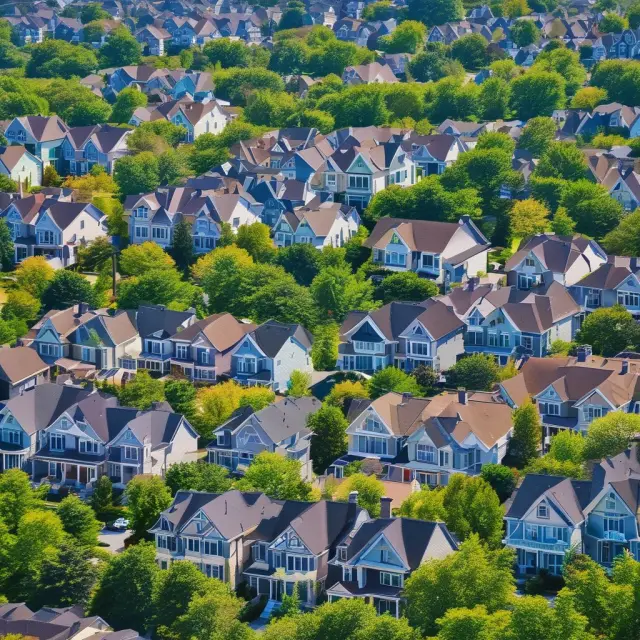 An image of a vast sea with houses as waves; some houses are occupied, and others are empty, symbolizing vacant and occupied properties in the US housing market.