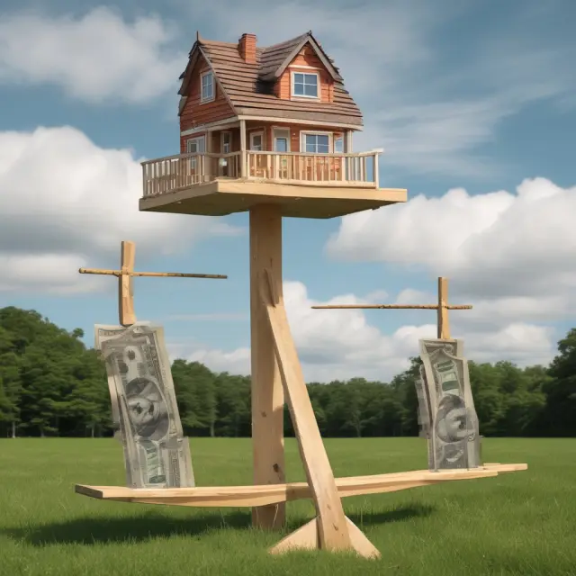 A visualization of the balance between housing vacancy rates, inflation, and interest rates using a seesaw
