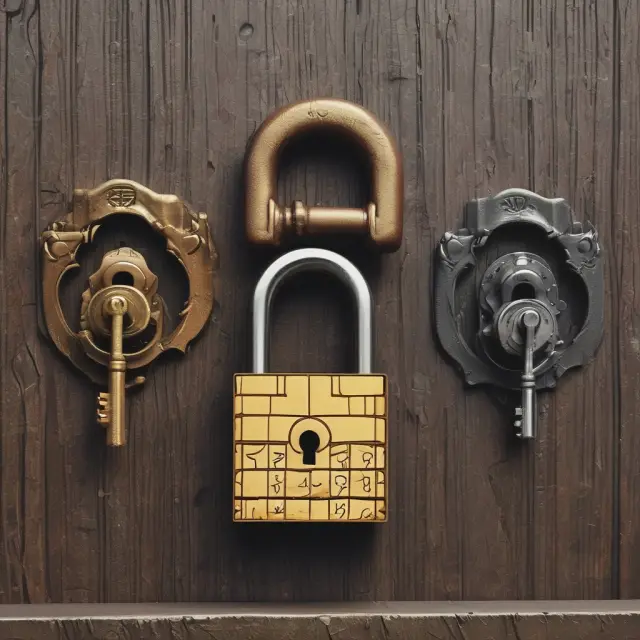 Three keys protect a digital lock representing credit card validation codes, emphasizing security in online transactions.