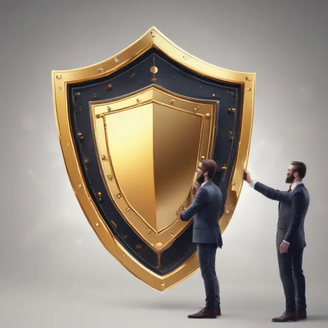 A person securely holding a golden shield embossed with the words 