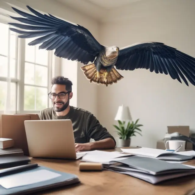 A veteran holding a certificate of eligibility shield flies above mortgage papers and a new house with VA loan label