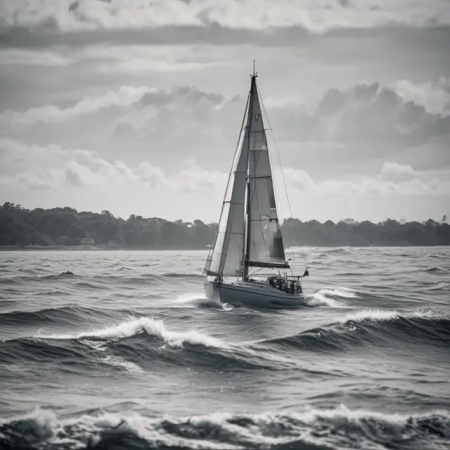 A VA loan sailboat navigates through rate seas, lowering interest rates, and securing fixed mortgages with calm harbor waters symbolizing stable payments.