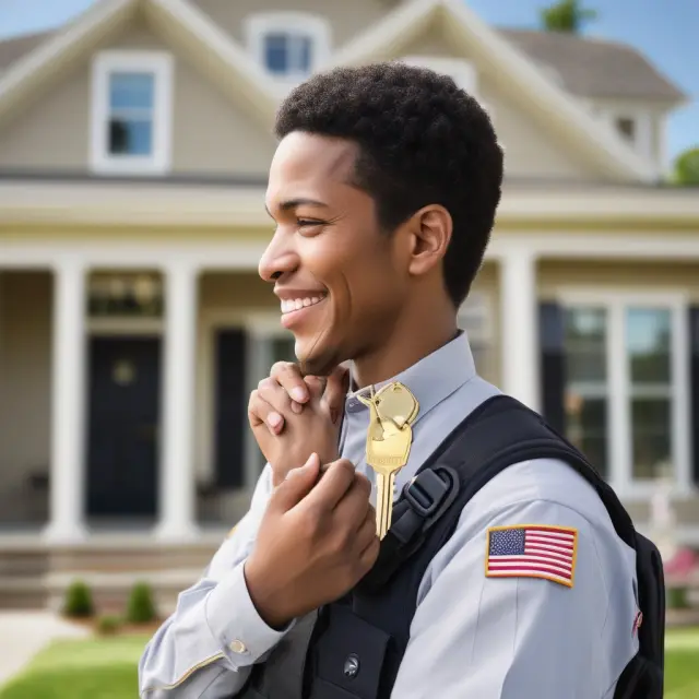 A veteran proudly grasps a golden key with a VA loan certificate, symbolizing the achievement of homeownership